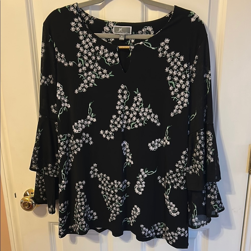 JM Collection Black Blouse with Asymmetrical Ruffled Bell Sleeves